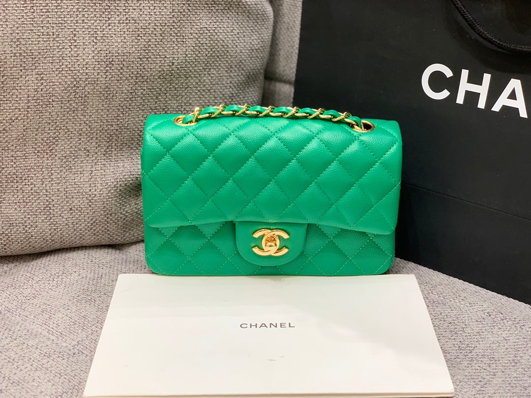 フラップバッグ ミニ 20cm ダークグリーン キャビア ゴールド金具