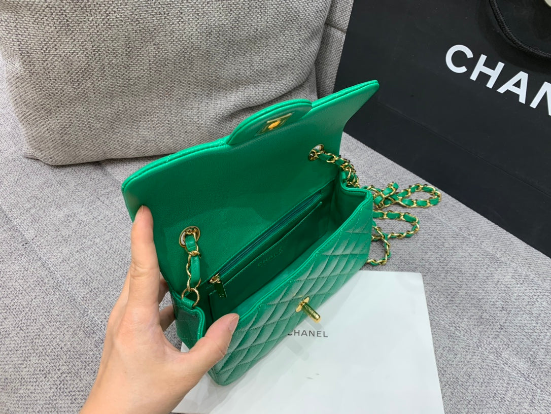 フラップバッグ ミニ 20cm ダークグリーン キャビア ゴールド金具