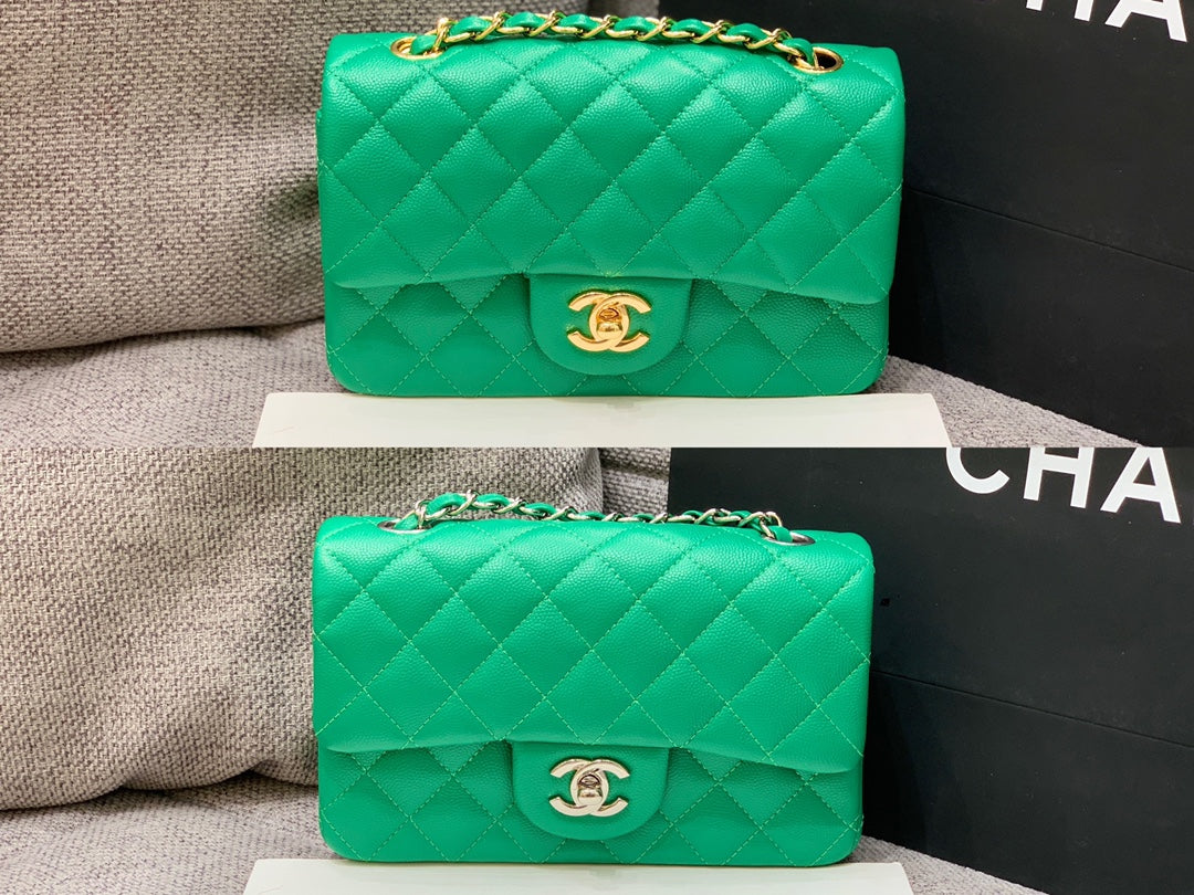 フラップバッグ ミニ 20cm ダークグリーン キャビア ゴールド金具