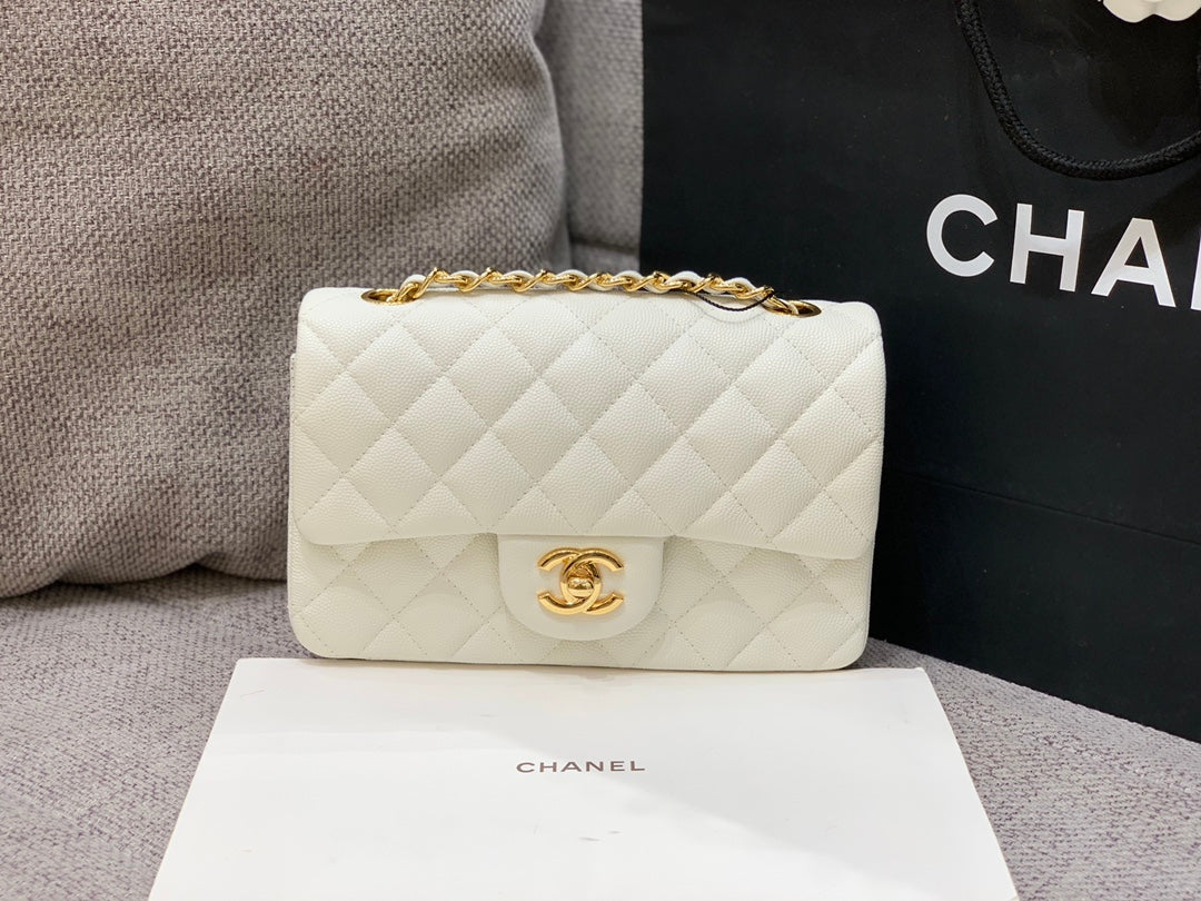 フラップバッグ ミニ 20cm ホワイトキャビア ゴールド金具