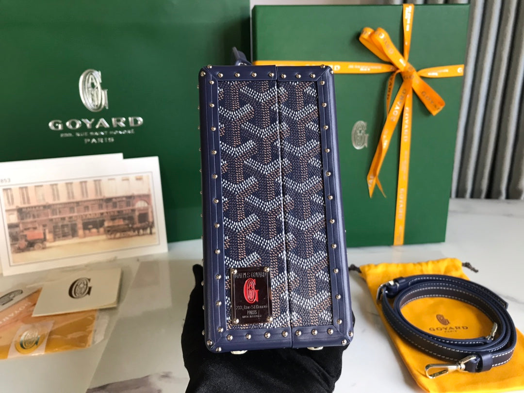 SAC COFFRE GRAND HÔTEL 24 EN TOILE GOYARDINE BLEU MARINE ET CUIR DE VEAU