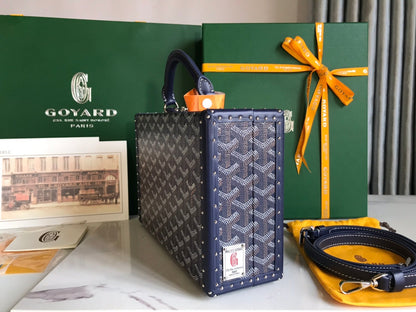 SAC COFFRE GRAND HÔTEL 24 EN TOILE GOYARDINE BLEU MARINE ET CUIR DE VEAU