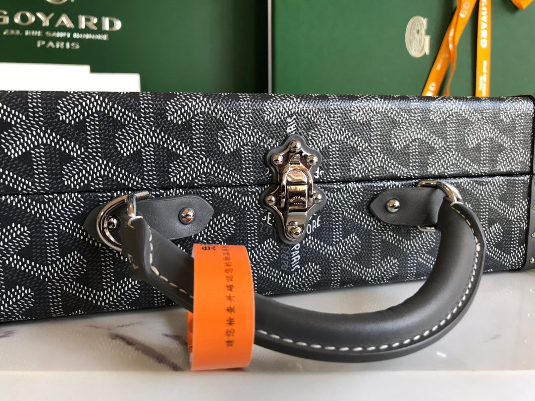 SAC COFFRE GRAND HÔTEL 24 EN TOILE GOYARDINE GRIS NOIR ET CUIR DE VEAU