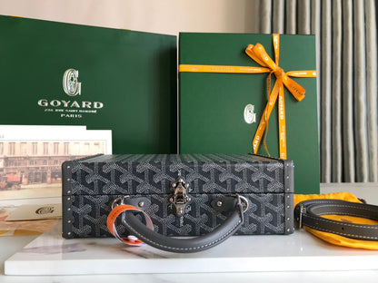 SAC COFFRE GRAND HÔTEL 24 EN TOILE GOYARDINE GRIS NOIR ET CUIR DE VEAU