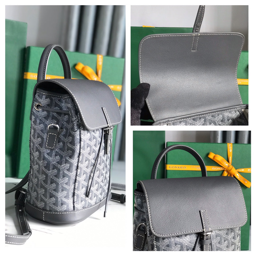 Mini sac à dos Alpin 21 en cuir d'agneau gris et toile Goyardine