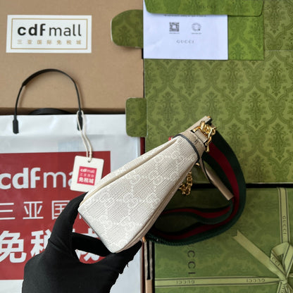 Petit sac bandoulière OPHIDIA 25 en toile blanche et cuir d'agneau avoine, matériel doré