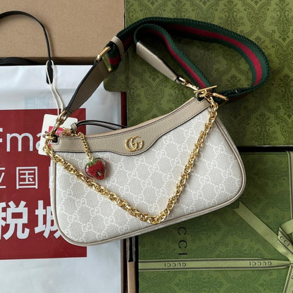 Petit sac bandoulière OPHIDIA 25 en toile blanche et cuir d'agneau avoine, matériel doré