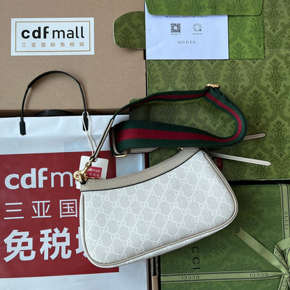 Petit sac bandoulière OPHIDIA 25 en toile blanche et cuir d'agneau avoine, matériel doré