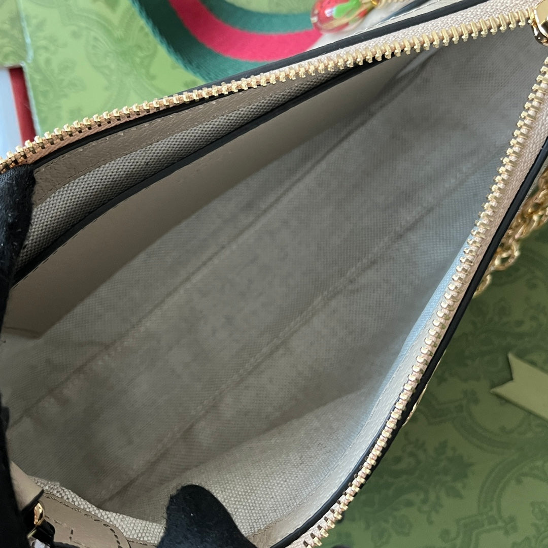 Petit sac bandoulière OPHIDIA 25 en toile blanche et cuir d'agneau avoine, matériel doré