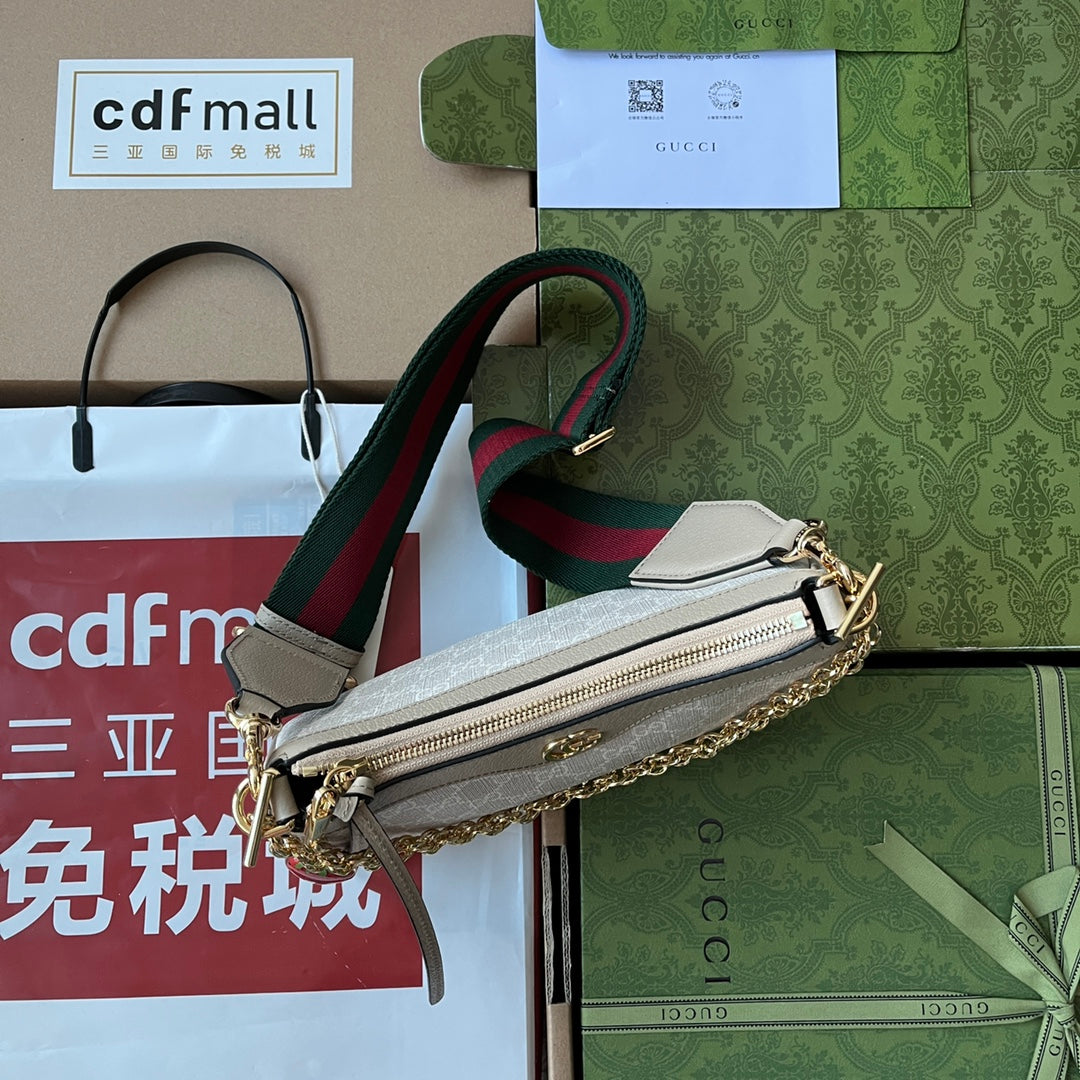 Petit sac bandoulière OPHIDIA 25 en toile blanche et cuir d'agneau avoine, matériel doré