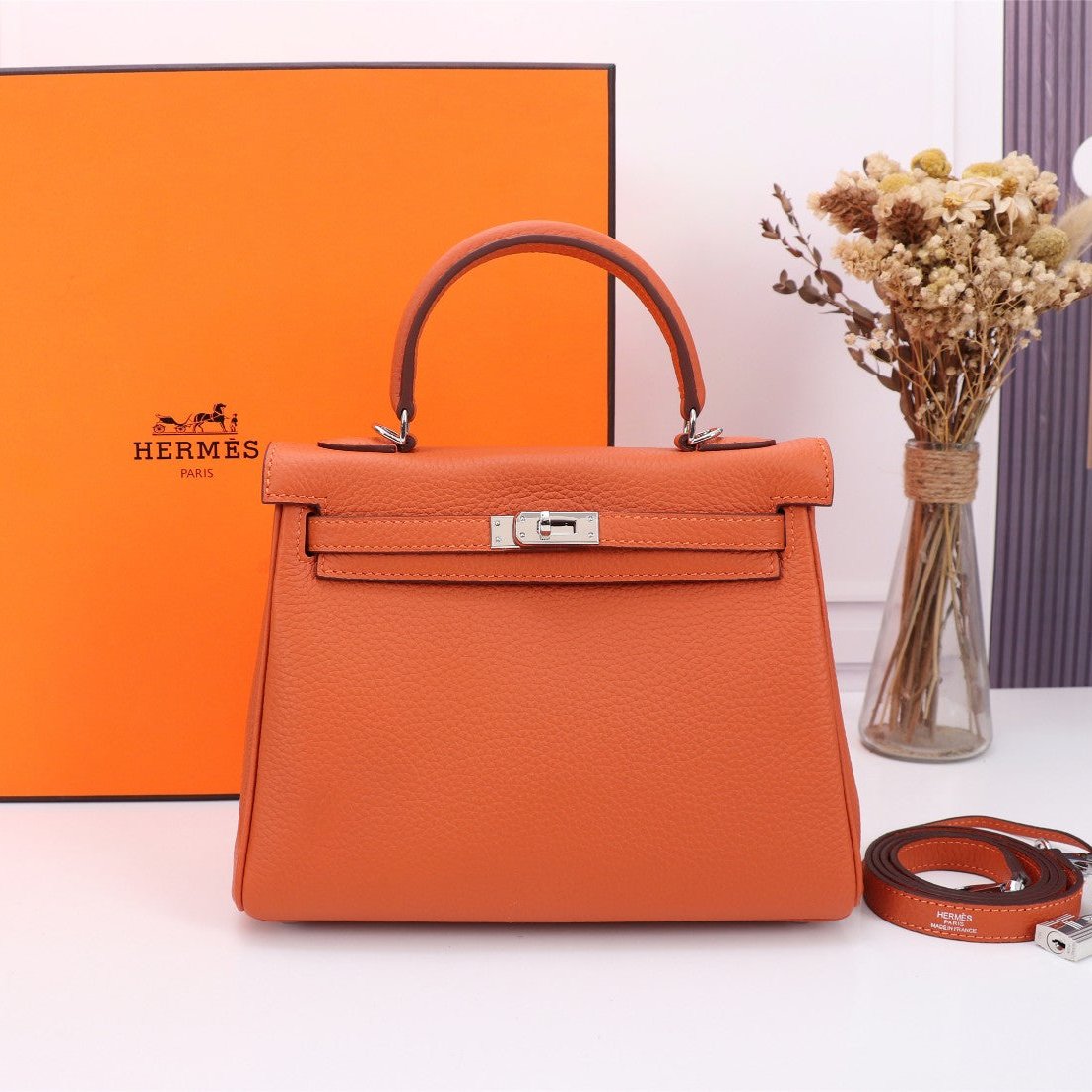 SAC HM KELLY 28 ORANGE TOGO QUINCAILLERIE ARGENTÉE