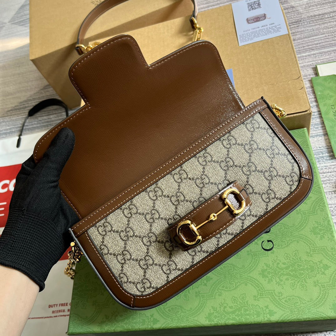 Sac GG HORSEBIT 1955 24 en toile beige et cuir de veau marron