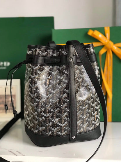 SAC SEAU PETIT FLOT 22 EN TOILE GOYARDINE NOIRE ET BORDURE EN AGNEAU