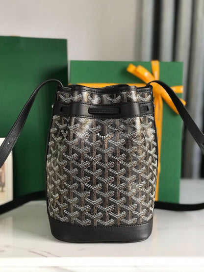 SAC SEAU PETIT FLOT 22 EN TOILE GOYARDINE NOIRE ET BORDURE EN AGNEAU