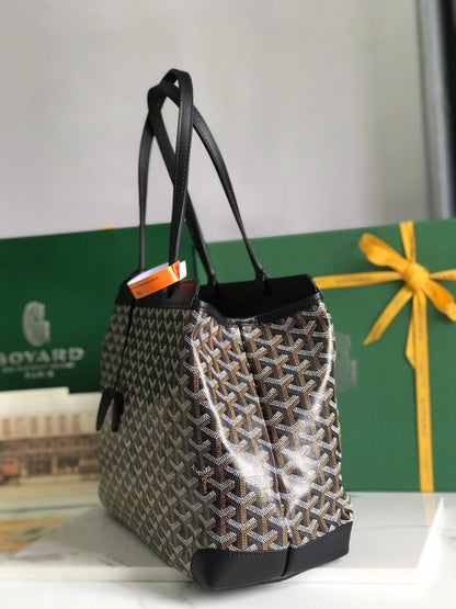 SAC BELLECHASSE BIAUDE PM 36 EN TOILE GOYARDINE NOIRE ET GARNITURES EN CUIR DE VEAU