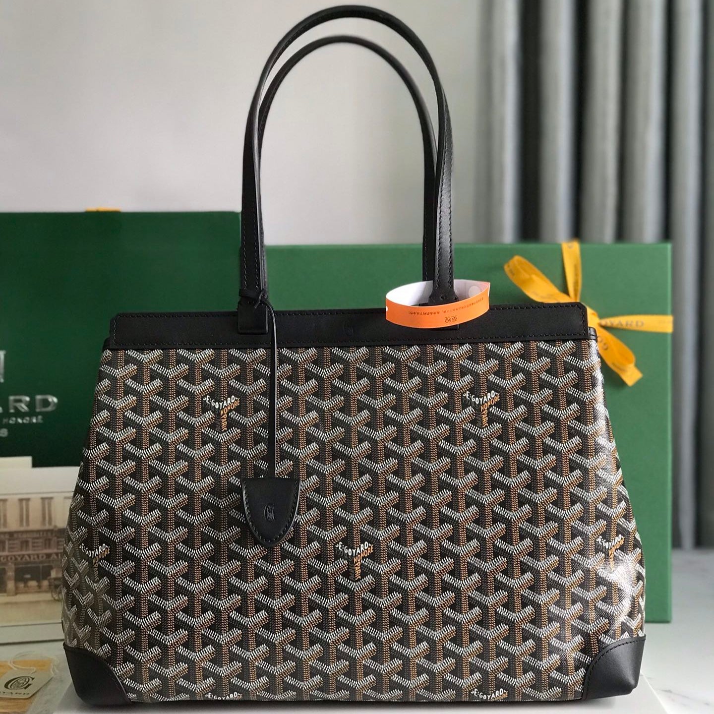 SAC BELLECHASSE BIAUDE PM 36 EN TOILE GOYARDINE NOIRE ET GARNITURES EN CUIR DE VEAU