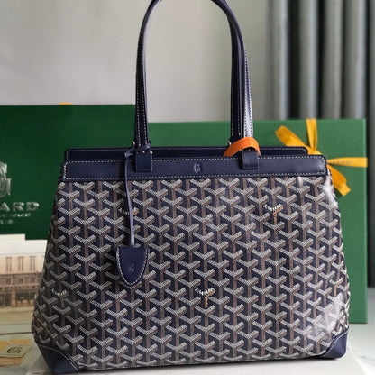 SAC BELLECHASSE BIAUDE PM 36 EN TOILE GOYARDINE BLEU MARINE ET GARNITURES EN CUIR DE VEAU