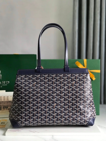 SAC BELLECHASSE BIAUDE PM 36 EN TOILE GOYARDINE BLEU MARINE ET GARNITURES EN CUIR DE VEAU