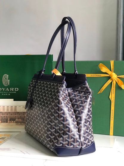 SAC BELLECHASSE BIAUDE PM 36 EN TOILE GOYARDINE BLEU MARINE ET GARNITURES EN CUIR DE VEAU