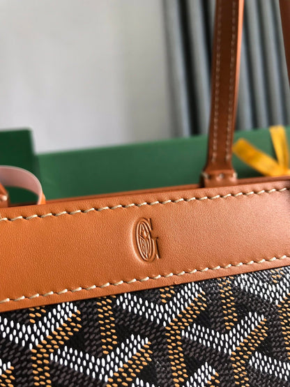SAC BELLECHASSE BIAUDE PM 36 EN TOILE GOYARDINE NOIRE ET GARNITURES EN CUIR DE VEAU BRUN
