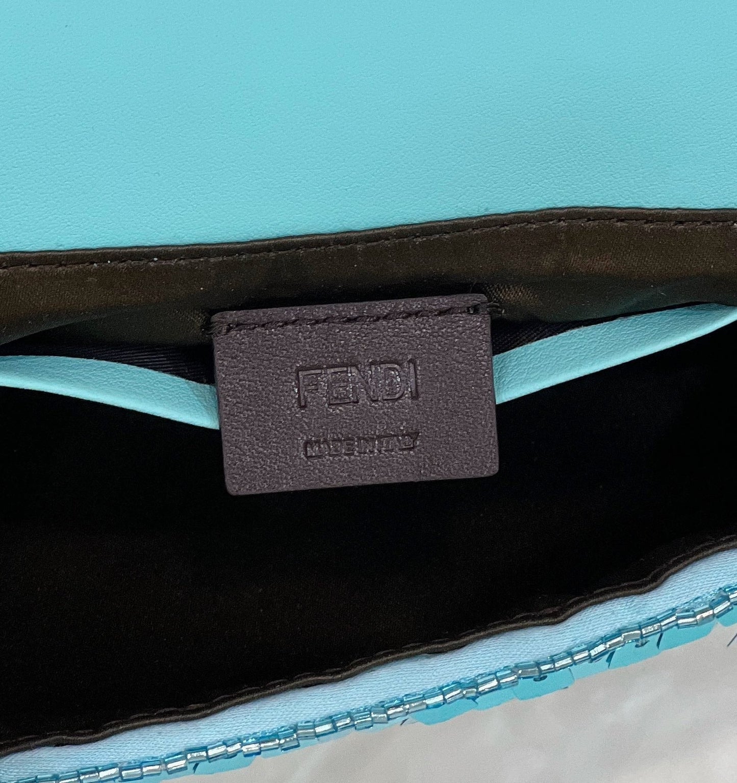 BAGUETTE MINI 19 IN BRIGHT TURQUOISE SEQUINS GOLD HARDWARE