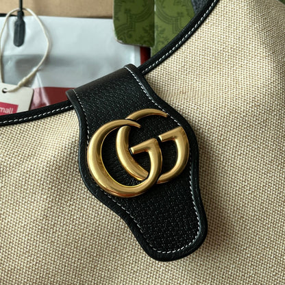 SAC APHRODITE MOYEN 39 EN TOILE BEIGE ET CUIR DE VEAU NOIR, QUINCAILLERIE DORÉ