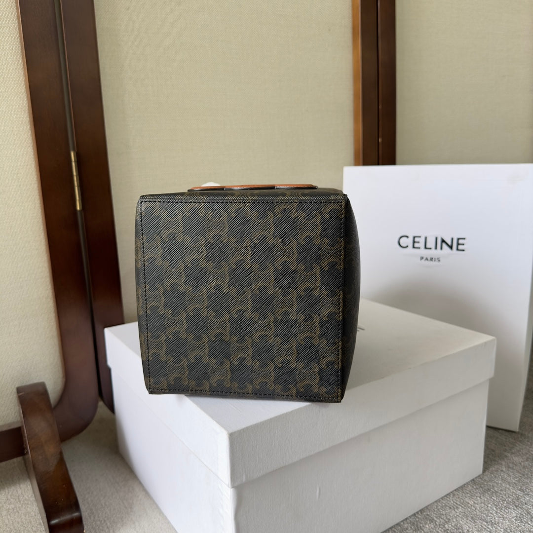 SAC CUBE 15 EN TOILE TRIOMPHE NOIRE ET CUIR DE VEAU MARRON