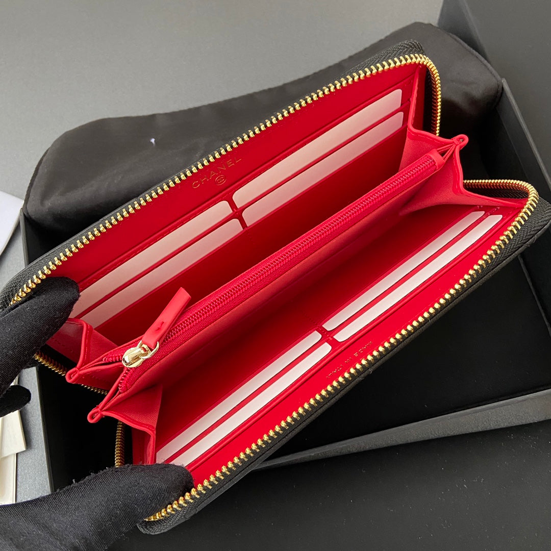 Portefeuille zippé CC 19 19,5 cm en cuir de veau noir et finitions dorées