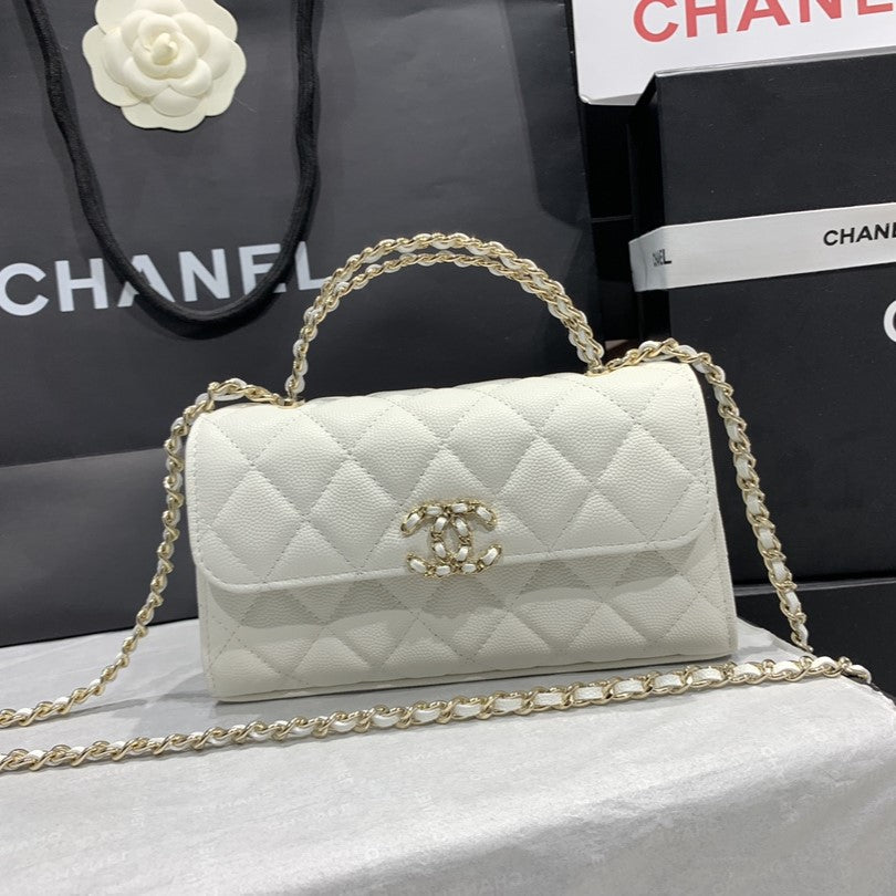 23P フラップバッグ 19cm ホワイトキャビアゴールド金具