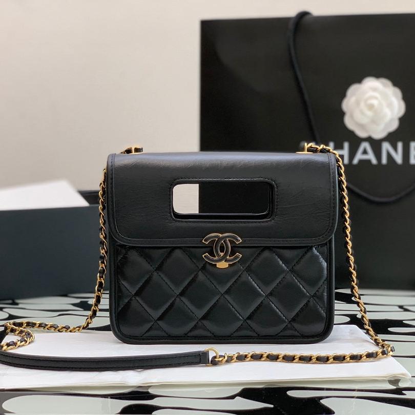Sac à rabat matelassé CC Mini Graphic Catch en cuir d'agneau noir