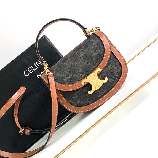 BESACE CHAÎNE ADOLESCENT TRIOMPHE 15,5 CM MONOGRAMME MARRON ET CUIR DE VEAU TAN