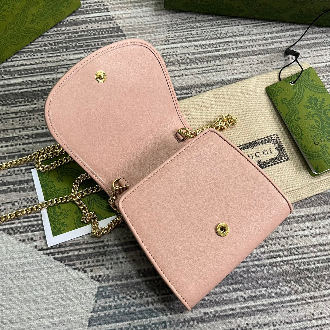 Mini sac bandoulière Blondie Interlock 12 en cuir de veau rose clair avec chaîne dorée