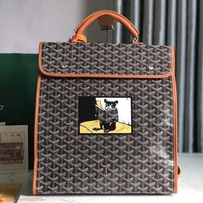 SAC À DOS SAINT LÉGER 35 EN TOILE GOYARDINE MARRON ET CUIR DE VEAU AVEC PATCH CARTOON