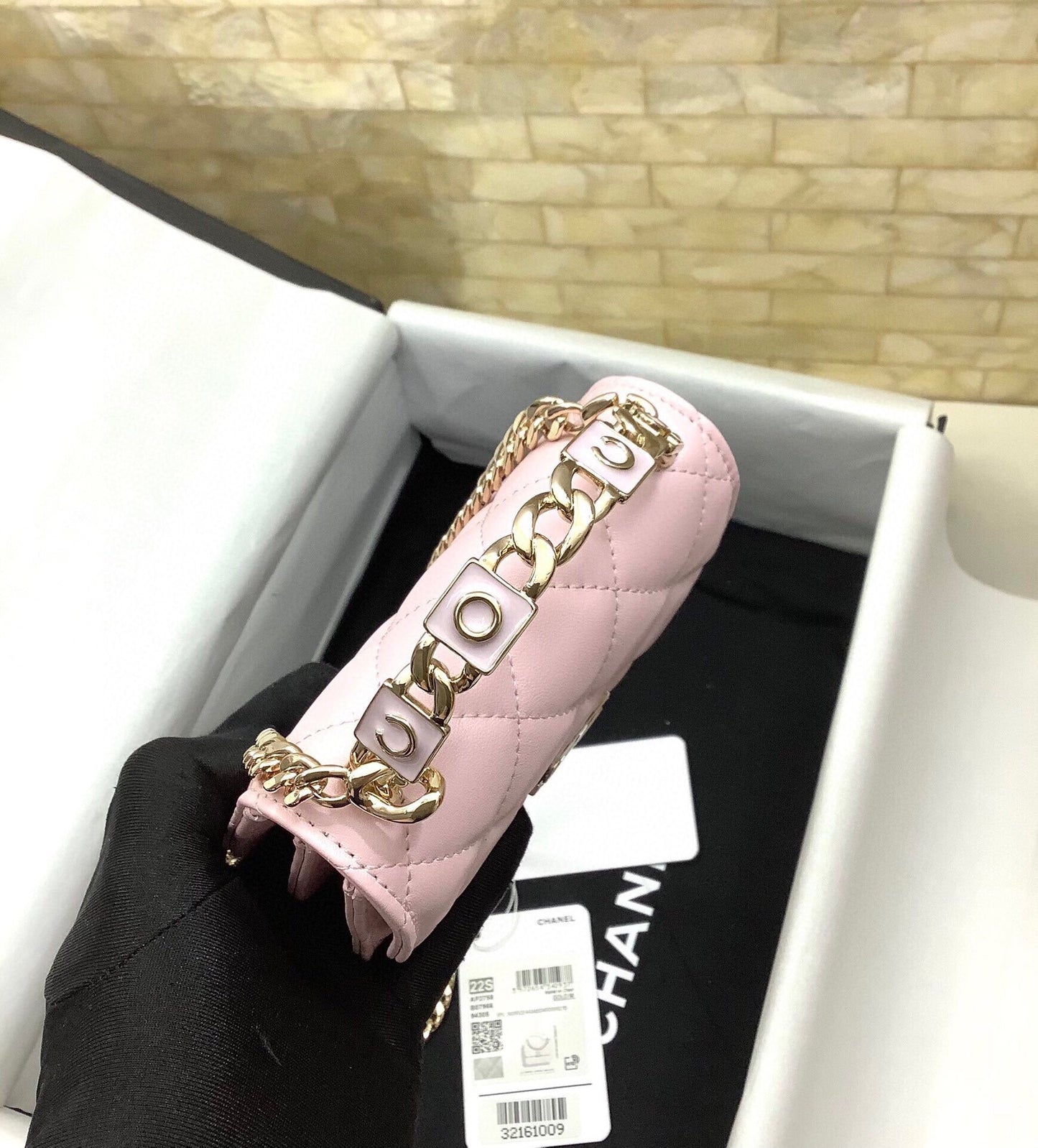 cc woc 13cm トップハンドル付き ピンク キルティングカーフスキン ゴールド金具