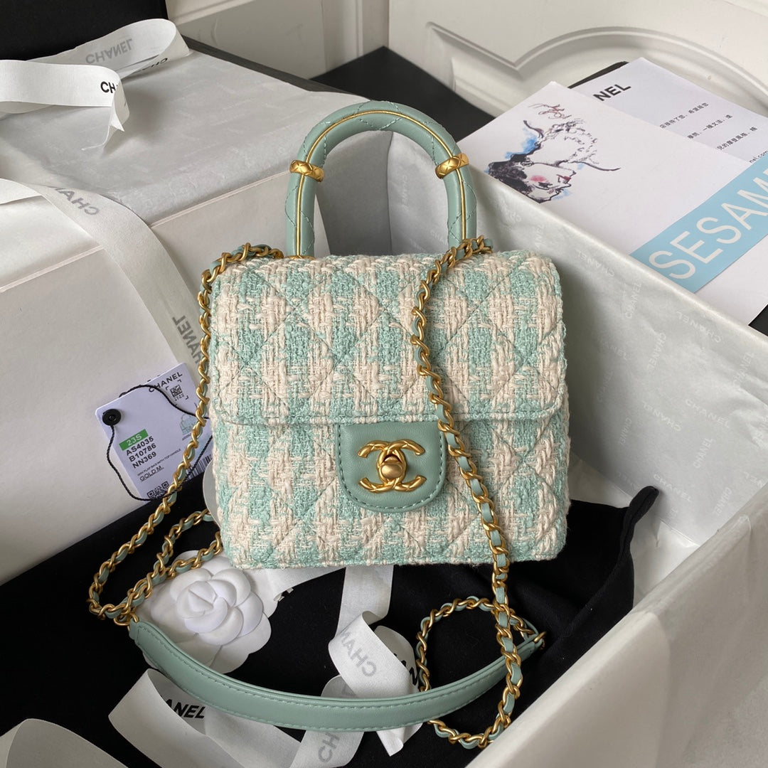 Sac CC MINI 15 en tweed de laine blanc et vert menthe