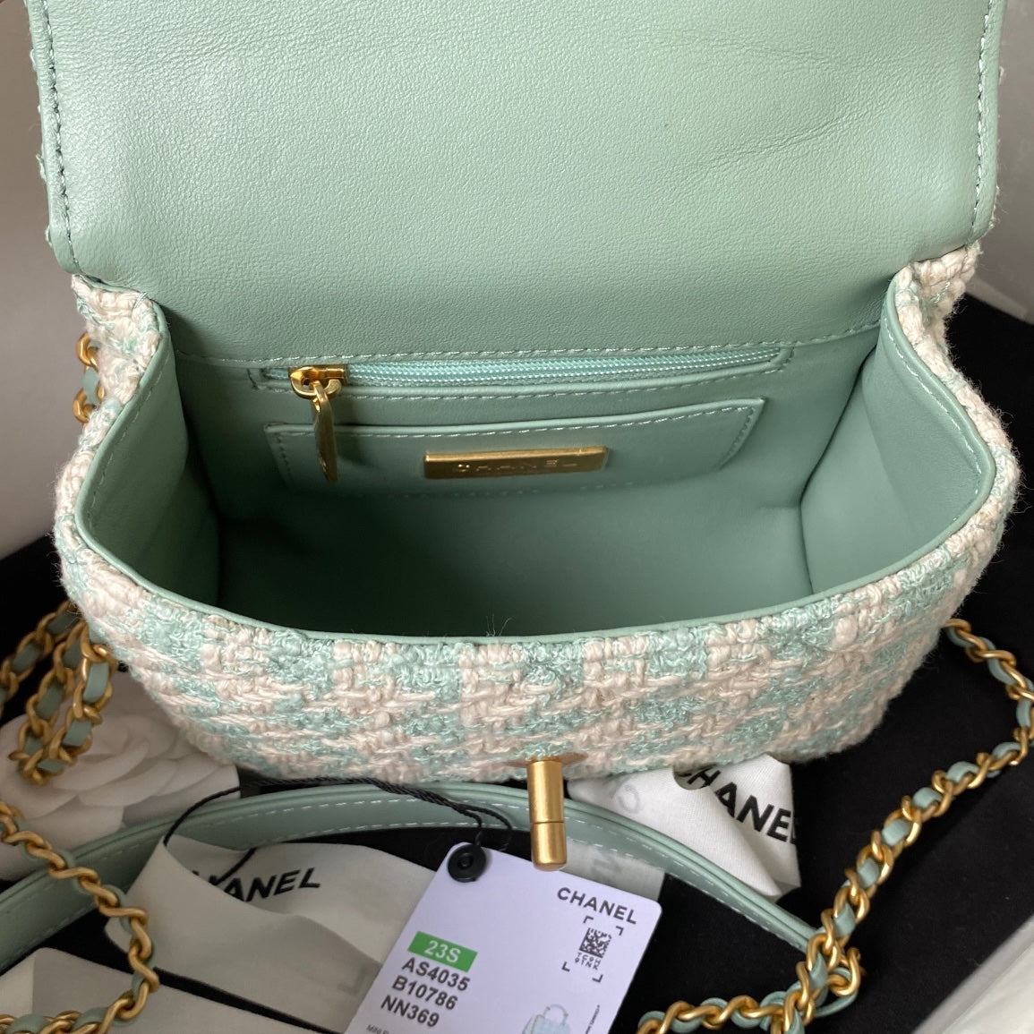 Sac CC MINI 15 en tweed de laine blanc et vert menthe