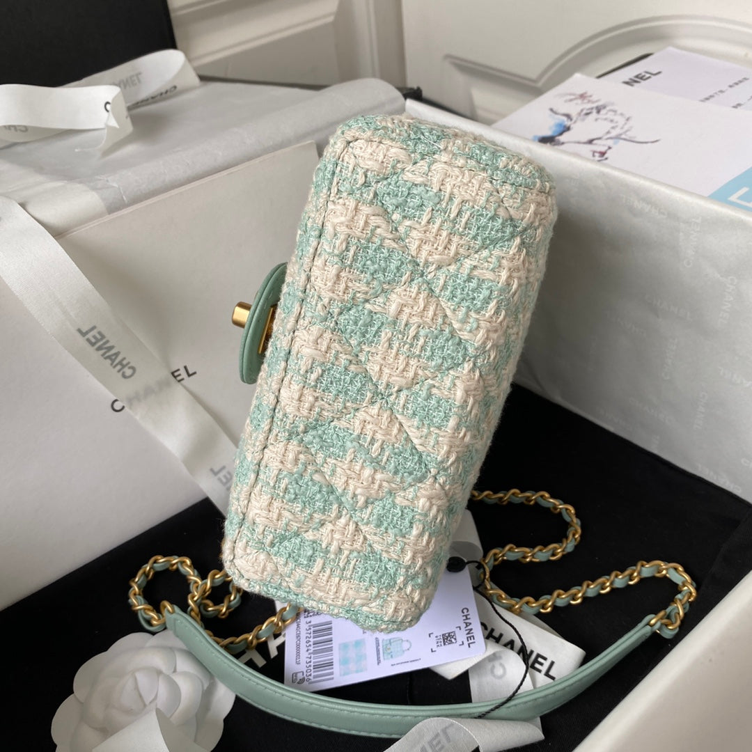 Sac CC MINI 15 en tweed de laine blanc et vert menthe