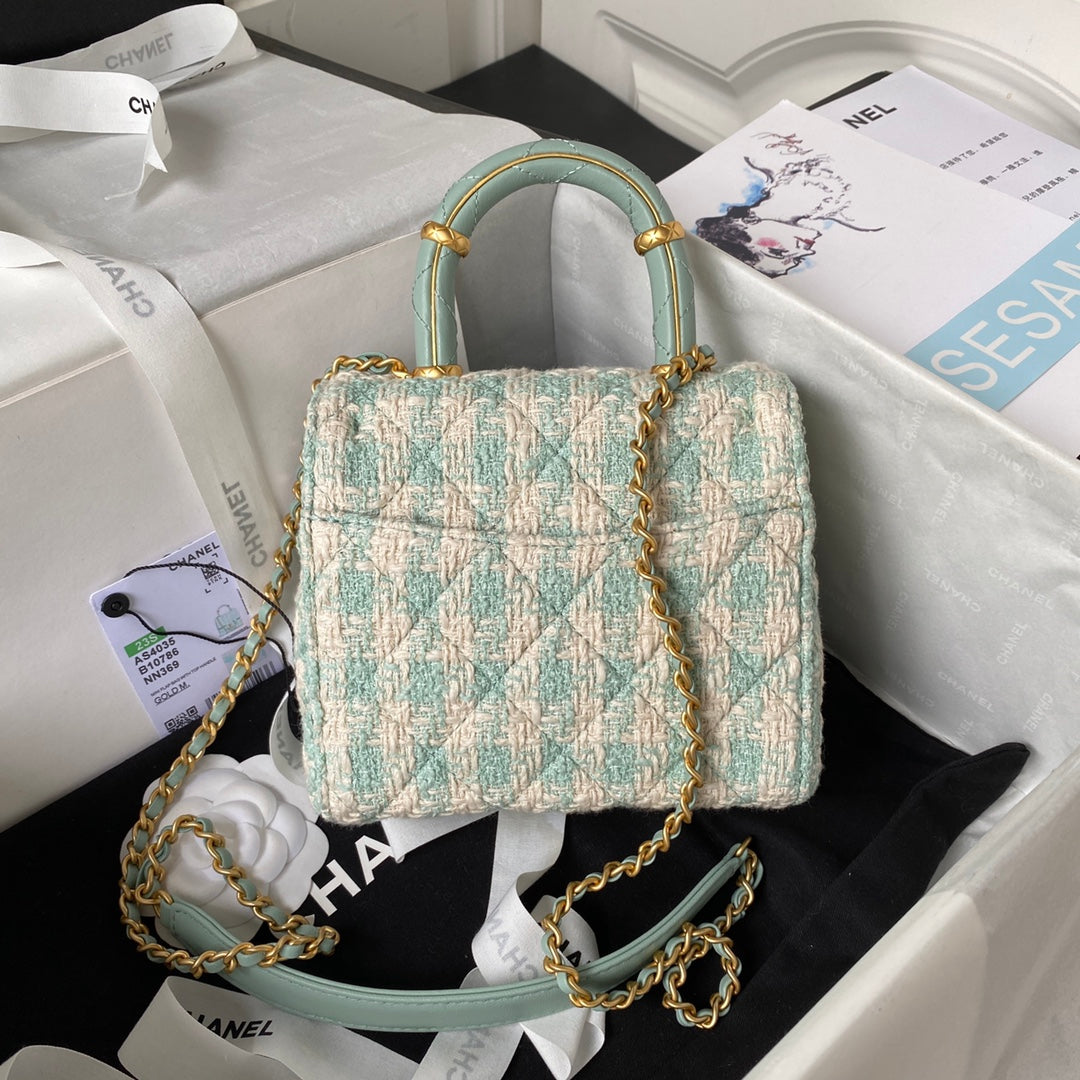 Sac CC MINI 15 en tweed de laine blanc et vert menthe