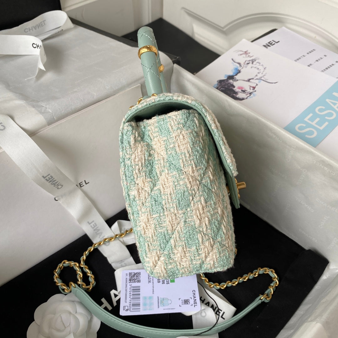 Sac CC MINI 15 en tweed de laine blanc et vert menthe