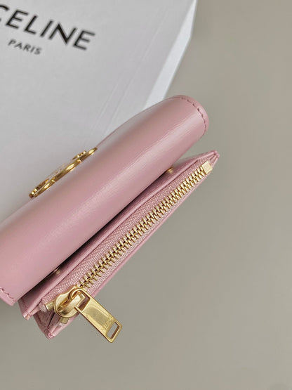 PORTEFEUILLE TRIPHOME 9 DEUX EN UN EN CUIR DE VEAU ROSE PASTEL