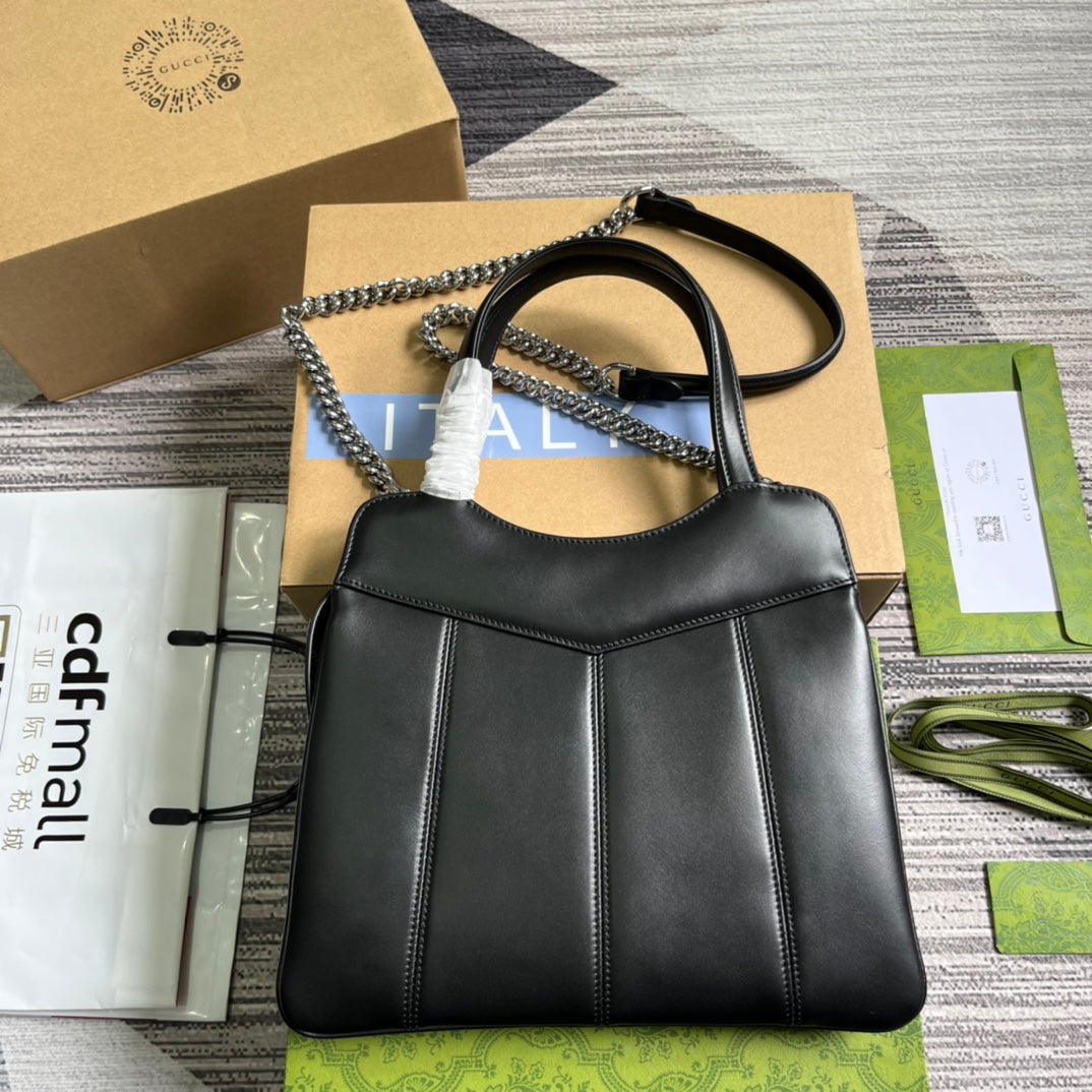 Petit sac cabas GG 28 en cuir de veau noir