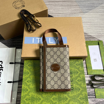 GG CLASP CLUTCH 20 IN BEIGE CANVAS AND BROWN CALFSKIN