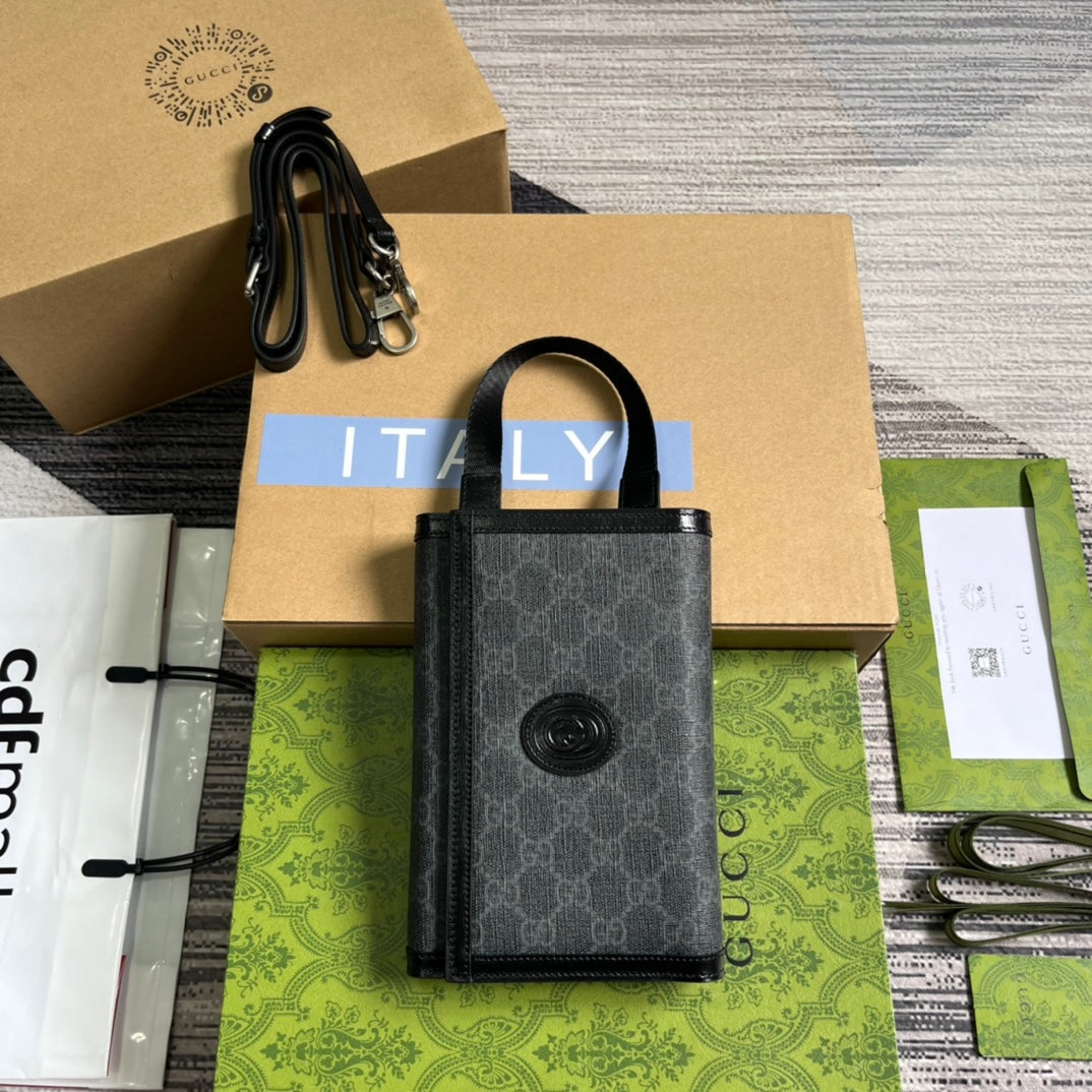 Pochette GG CLASP 20 en toile noire et cuir de veau