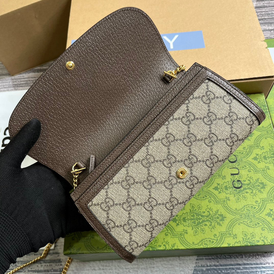 Sac bandoulière Blondie 21 en toile monogrammée beige et garniture en cuir de veau marron foncé, matériel doré