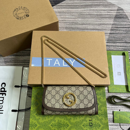 Sac bandoulière Blondie 21 en toile monogrammée beige et garniture en cuir de veau marron foncé, matériel doré