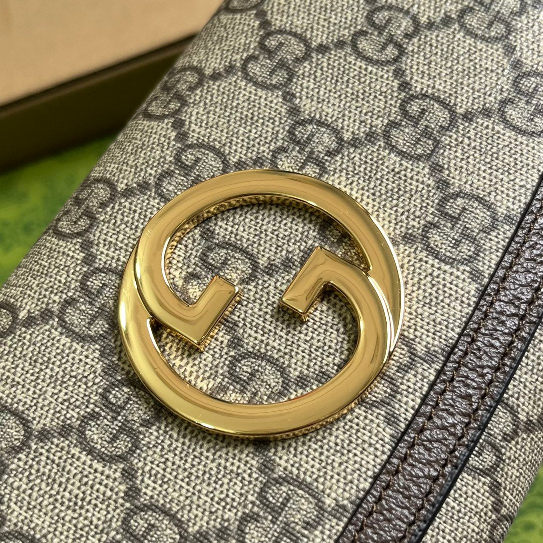 Sac bandoulière Blondie 21 en toile monogrammée beige et garniture en cuir de veau marron foncé, matériel doré