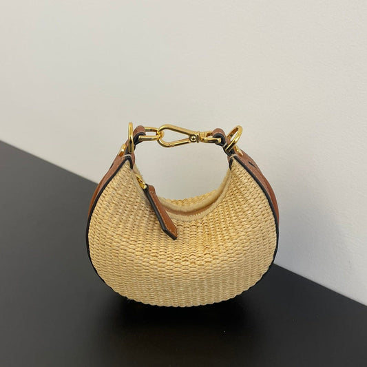 MINI SAC FENDIGRAPHY 16 EN PAILLE BEIGE ET GARNITURES EN CUIR DE VEAU MARRON, QUINCAILLERIE DORÉ