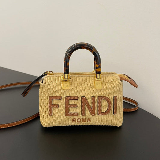 BY THE WAY MINI 18 EN PAILLE BEIGE ET GARNITURES EN CUIR DE VEAU MARRON