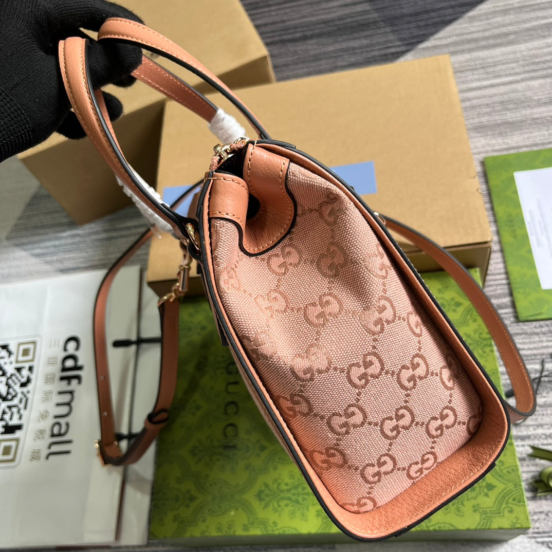Petit sac cabas GG OPHIDIA 24 en toile rose poudré et cuir de veau