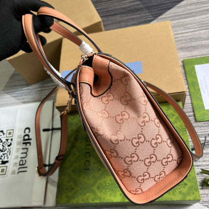 Petit sac cabas GG OPHIDIA 24 en toile rose poudré et cuir de veau